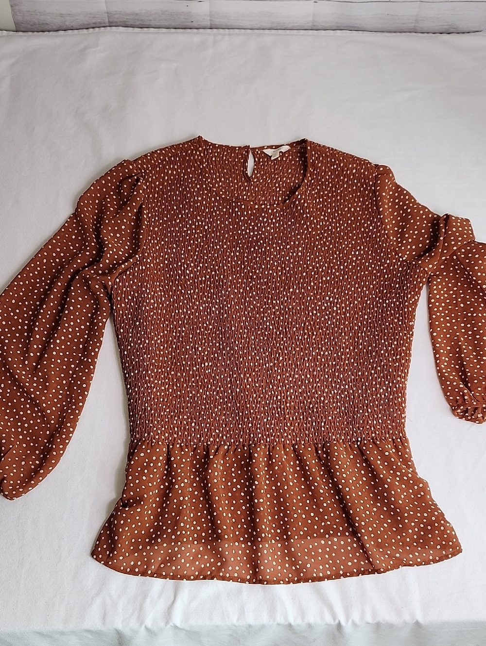 Terra & Sky Rust Dot Smocked Peplum Long-Sleeve Blouse